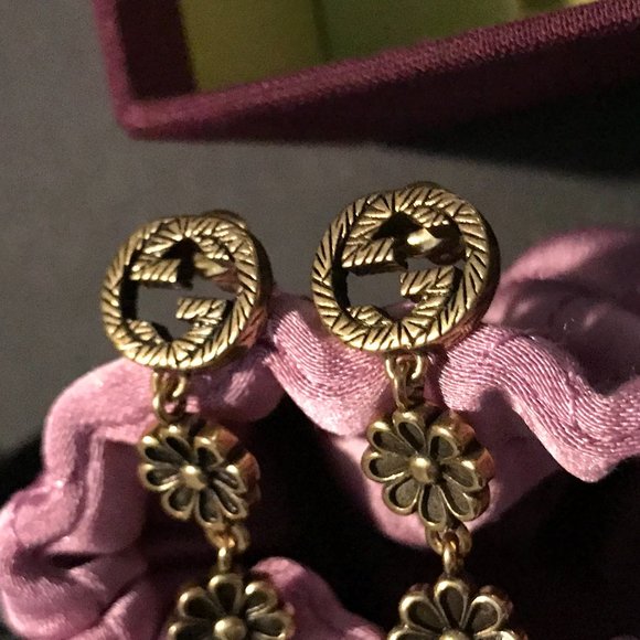 Gucci GG Marmont Pink Daisy Drop Earrings Silver 925 Aged Gold Finish GORGEOUS! - Picture 12 of 16
